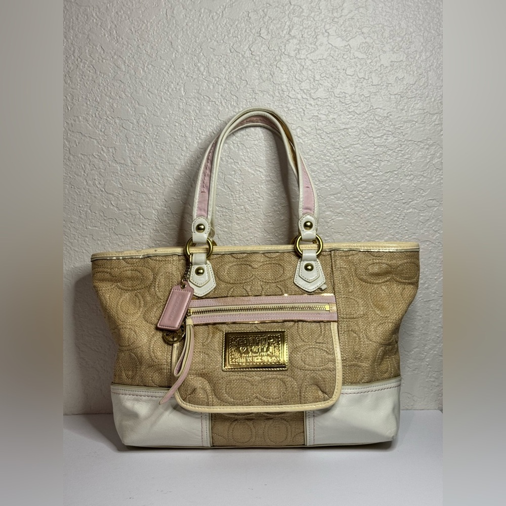 Coach Poppy Signature Glam Lurex Straw Tote Bag Baby Pink/Gold Accents